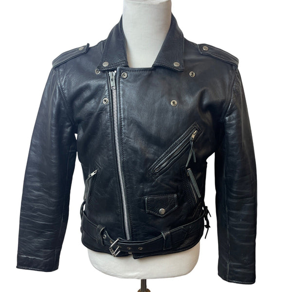 Vintage First Genine Leather Black Motorcycle Jacket With Zipper & Snap Details