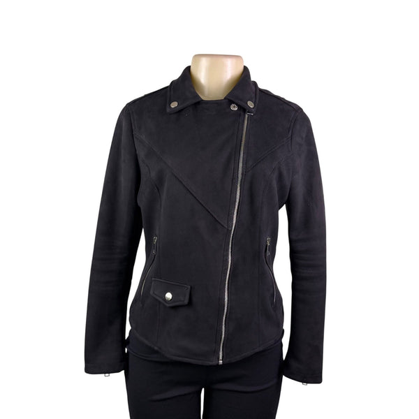 Bellivera Womens Black Polyester Suede Moto Jacket Zippered Pockets Sz S