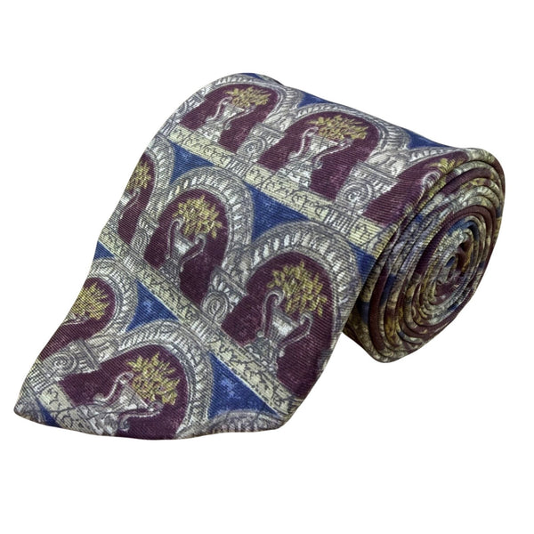 Bill Blass Mens Burgundy/Gold/Blue 100% Silk Patterned Necktie With Arch Motif