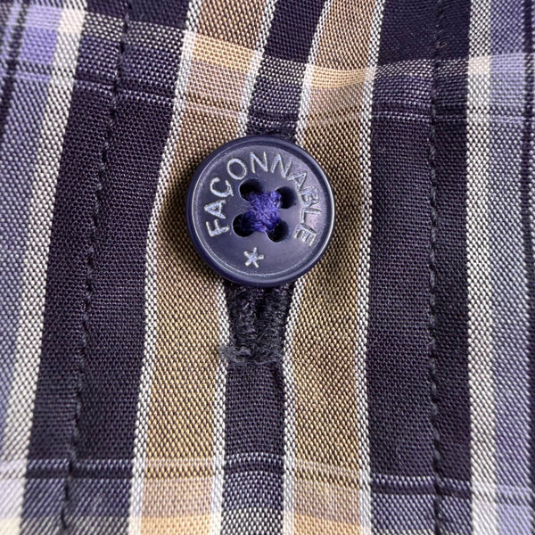 Faconnable Mens Navy & Beige Plaid Button-Up Shirt Casual Fit Size XL