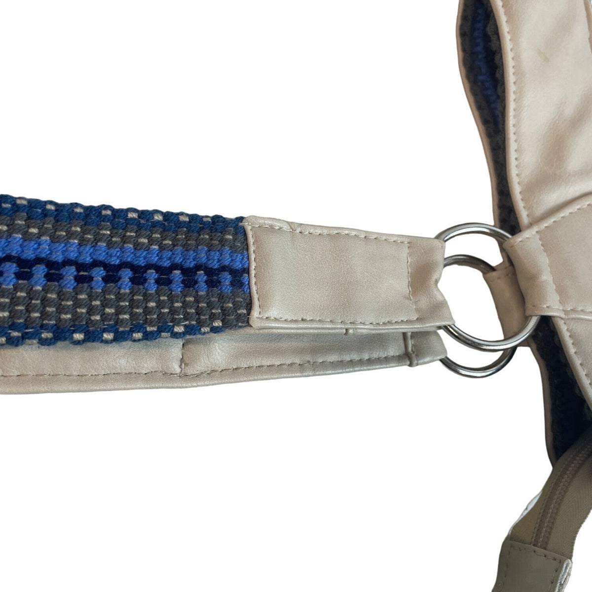 Handcrafted Women's Blue Wool Wayuu Design Ivory Leather Shoulder Bag Sz M
