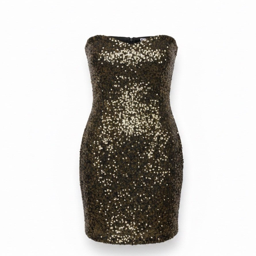 Alice + Olivia Womens Gold Polyester Strapless Glitter Sequin Cocktail Dress 8