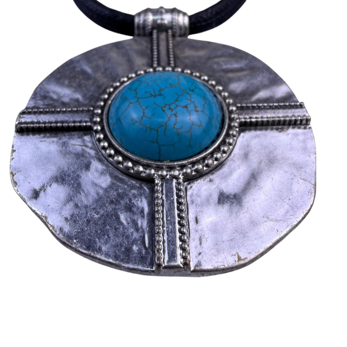 Silver Plated Choker Necklace With Hammered Pendant & Turquoise Colored Stone
