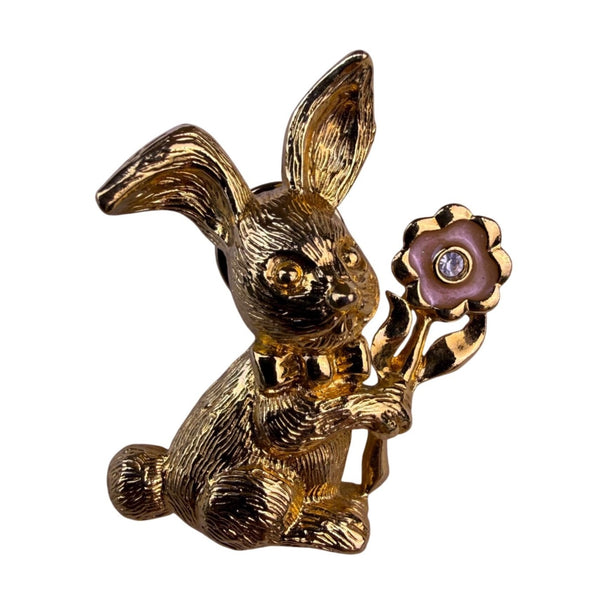 Avon Womens Gold Tone Bunny Rabbit Brooch With Flower Pin Vintage 1990