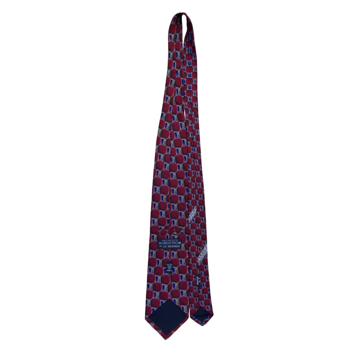 Nordstrom Mens Red & Blue Silk Geometric Patterned Neck Tie Handmade In USA