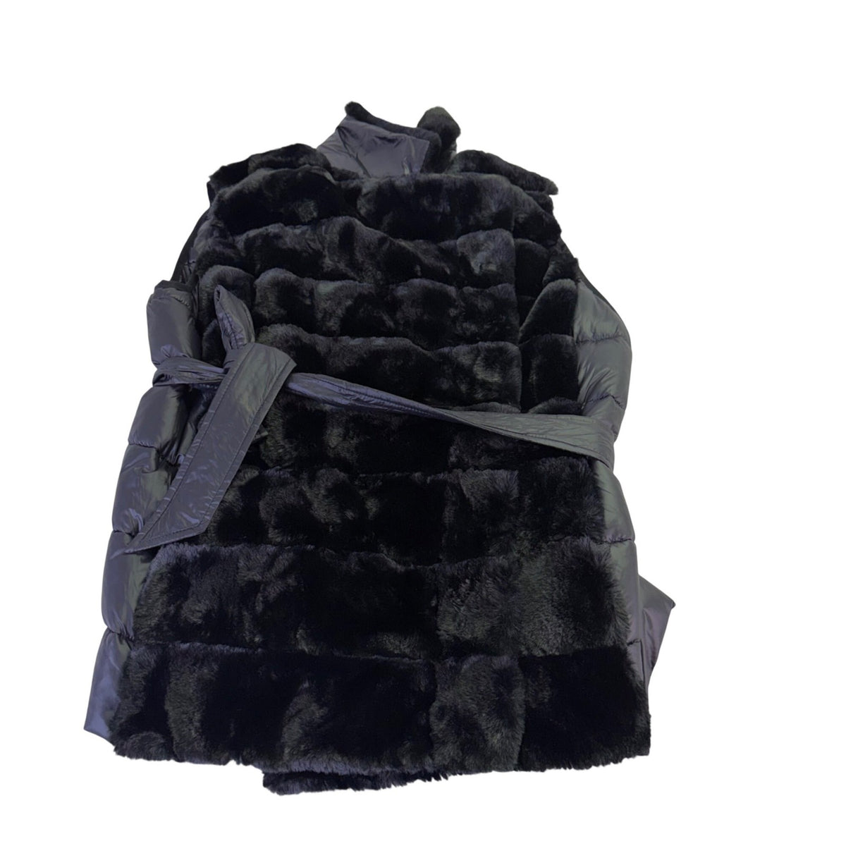 DKNY Womens Black Faux Fur & Nylon Tie-Waist Puffer Full-Zip Vest Size L