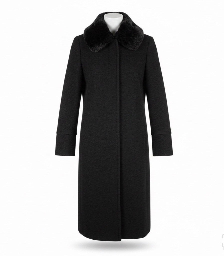 Larry Levine Womens Black Wool Blend Coat With Genuine Rex Rabbit Fur Collar 6P
