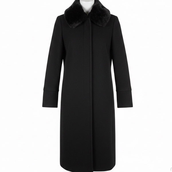 Larry Levine Womens Black Wool Blend Coat With Genuine Rex Rabbit Fur Collar 6P
