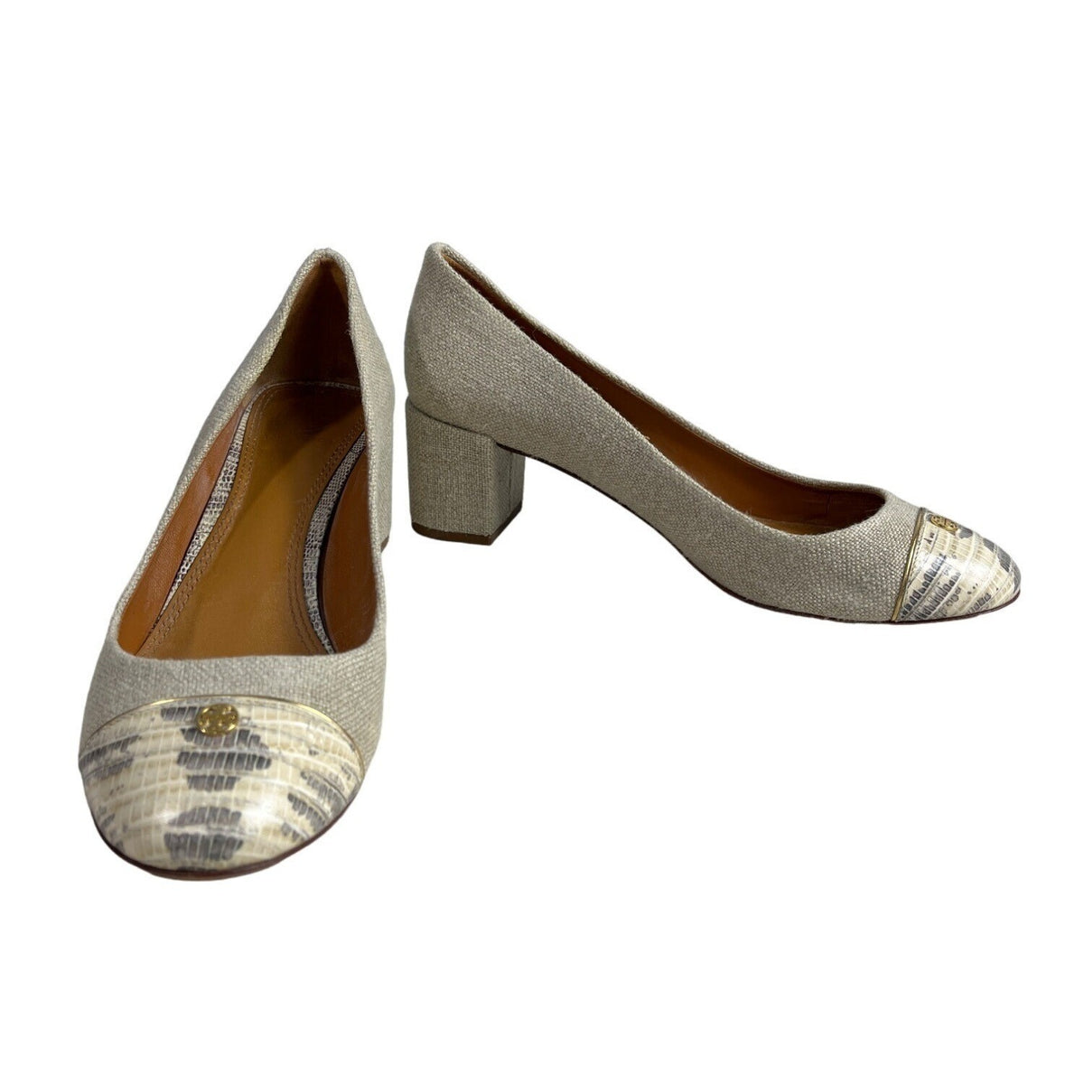 Tory Burch Women’s Natural Gold Tejus Lizard Print Heels Sz 9M -
