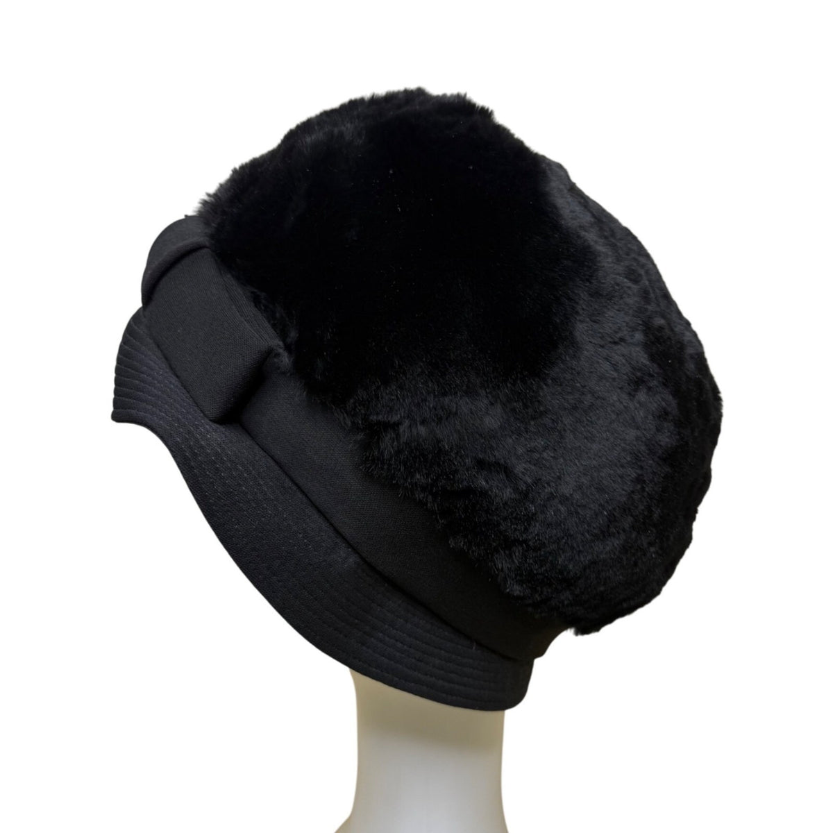 Saks Fifth Avenue 1960s Womens Black Faux Fur Cloche Hat With Bow Red Lining