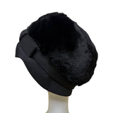 Saks Fifth Avenue 1960s Womens Black Faux Fur Cloche Hat With Bow Red Lining
