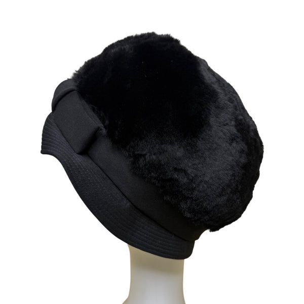 Saks Fifth Avenue 1960s Womens Black Faux Fur Cloche Hat With Bow Red Lining