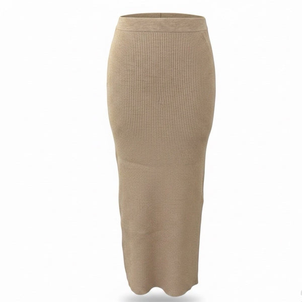 Mango Womens Beige Ribbed Knit Midi Skirt Stretch-Fit Size S