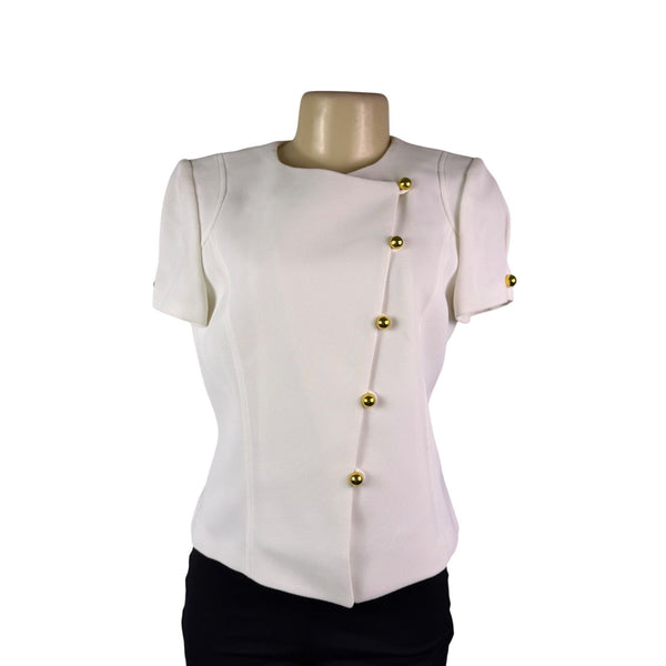 Tahari Womens White Polyester Short Sleeve Gold Button Detail Blouse Size 4