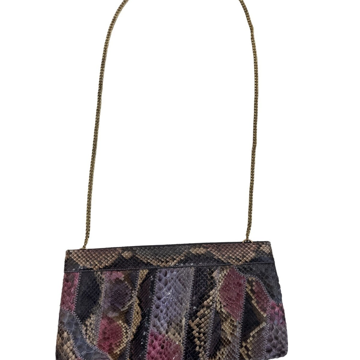 Vintage Women’s Purple Pink Python Skin Gold Chain Clutch and Sholder Bag