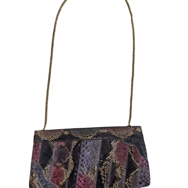 Vintage Women’s Purple Pink Python Skin Gold Chain Clutch and Sholder Bag