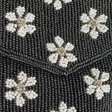 Handcrafted Women's Black Beaded Flowers Pattern Handbag Clutch Sz S