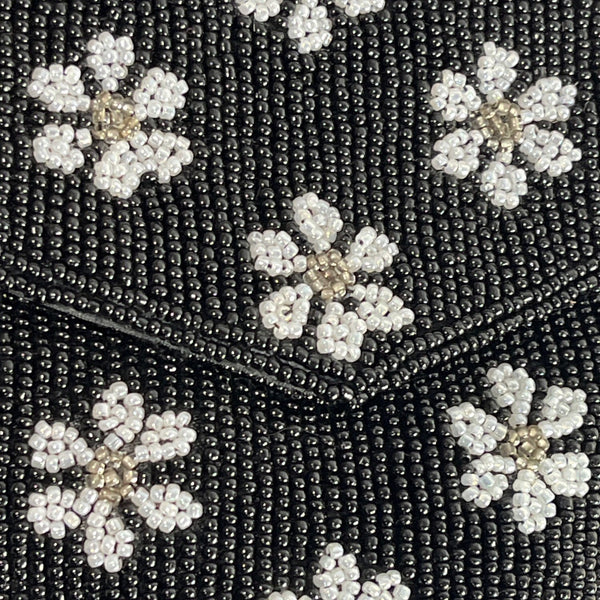 Handcrafted Women's Black Beaded Flowers Pattern Handbag Clutch Sz S