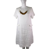 Made In Italy Womens White Linen Short Sleeve Midi Dress Pockets Relaxed Fit