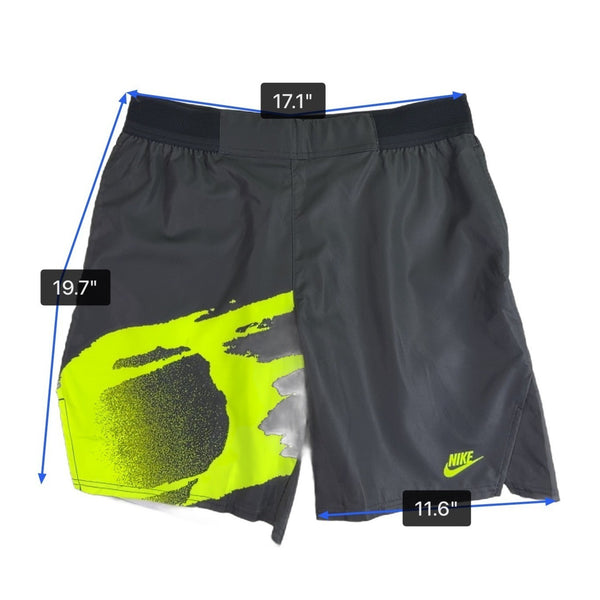 Nike Mens Grey Tennis Shorts With Neon Yellow Graphic Dri-Fit Standard Fit Sz L