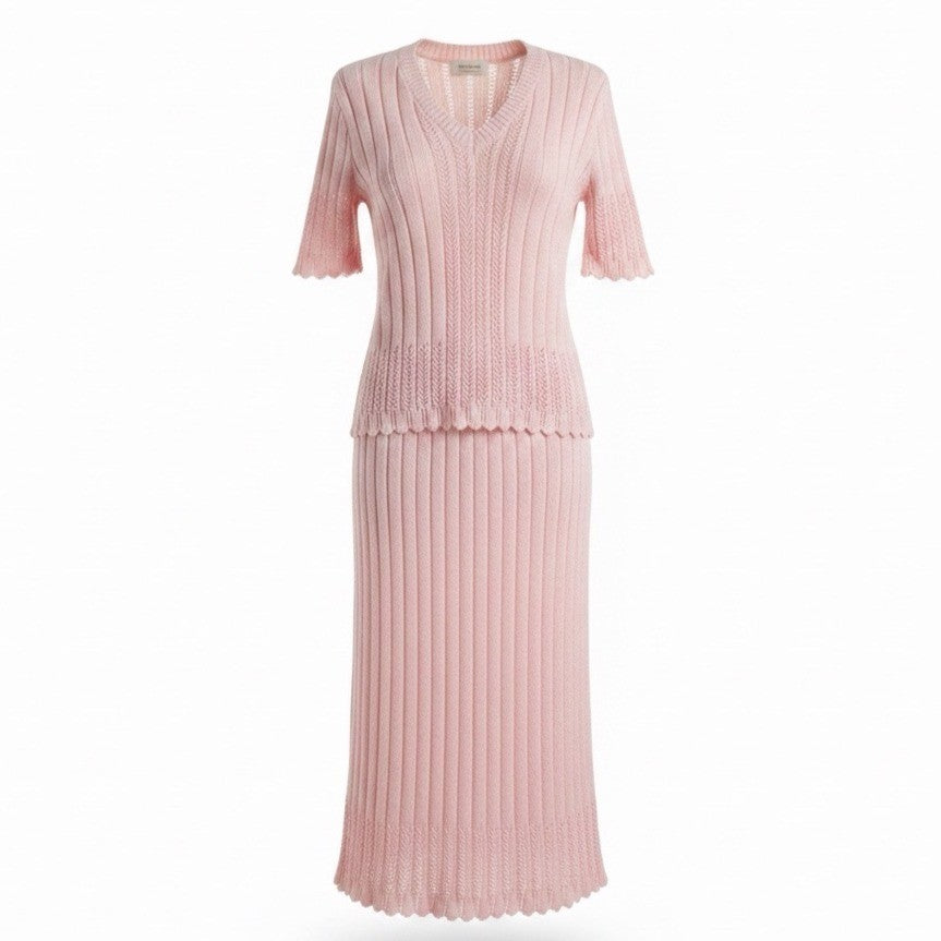 Vogue Womens Pink Knit Top & Skirt Set Soft Modest Ribbed 2-Piece Sz M