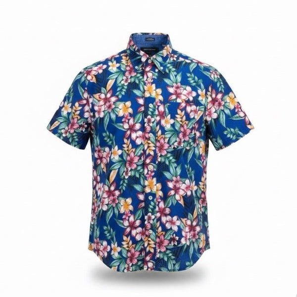 Tommy Hilfiger Mens Blue Linen & Cotton Hawaiian Floral Button-Up Shirt Size M