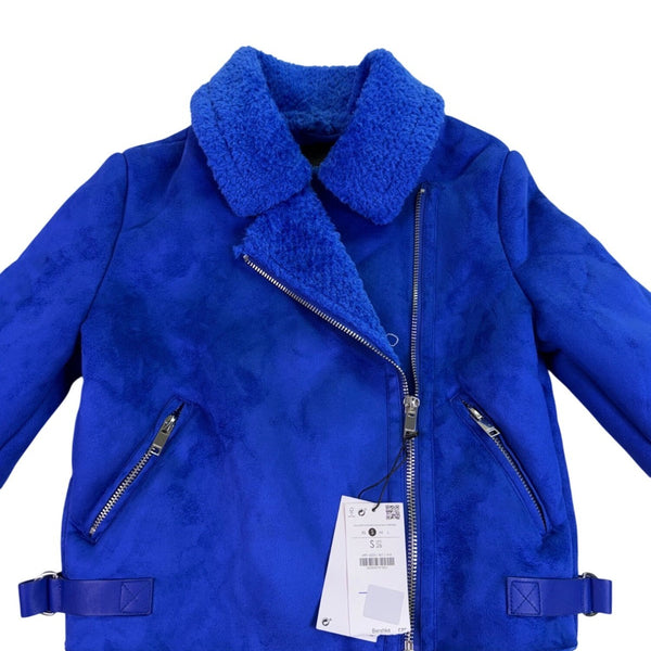 Bershka Womens Blue Faux Shearling Biker Jacket With Zipper Pockets Size S
