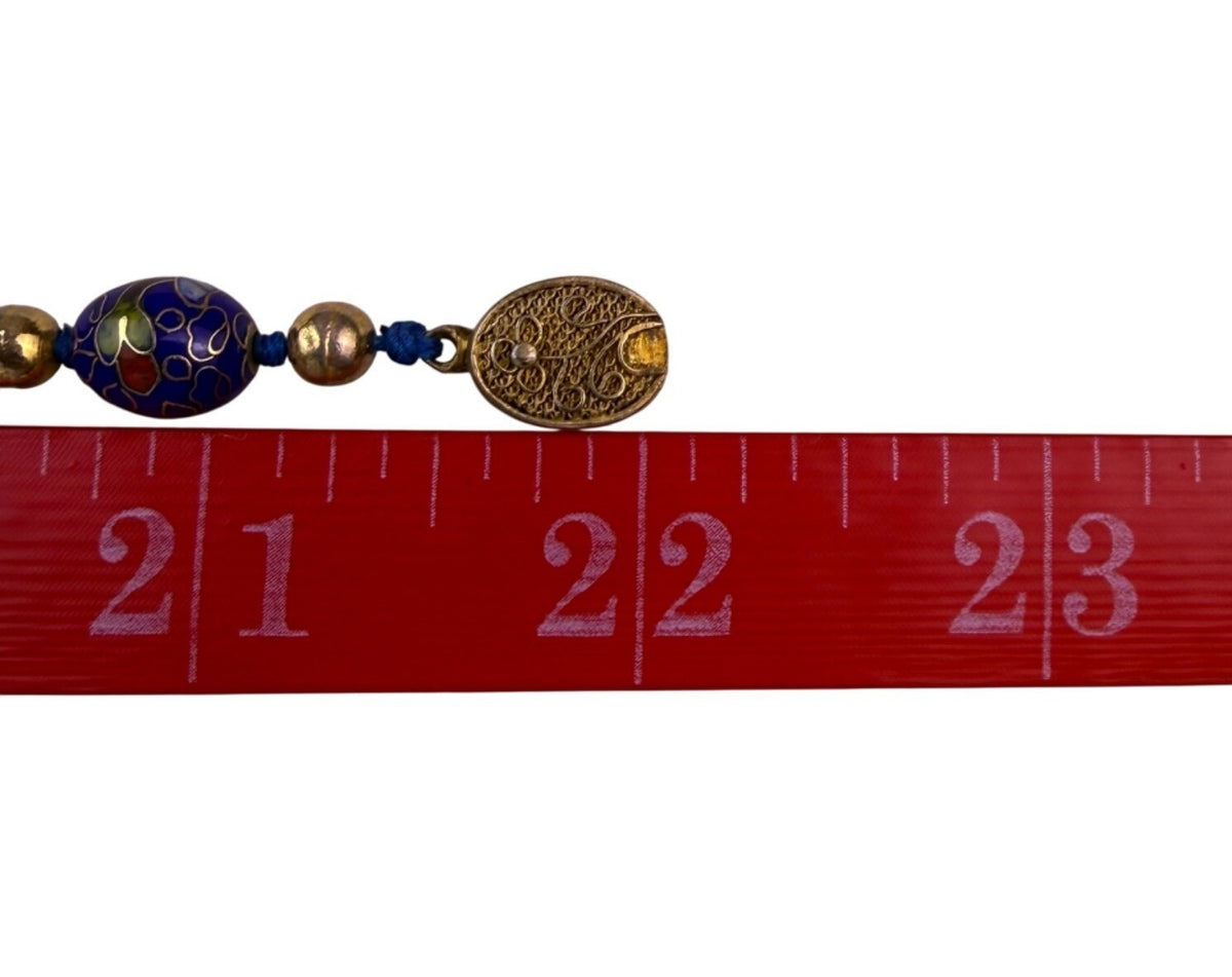 Chinese Cloisonné Womens Blue Bead Necklace Floral Motifs With Gold Spacers