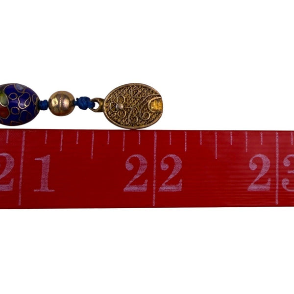 Chinese Cloisonné Womens Blue Bead Necklace Floral Motifs With Gold Spacers