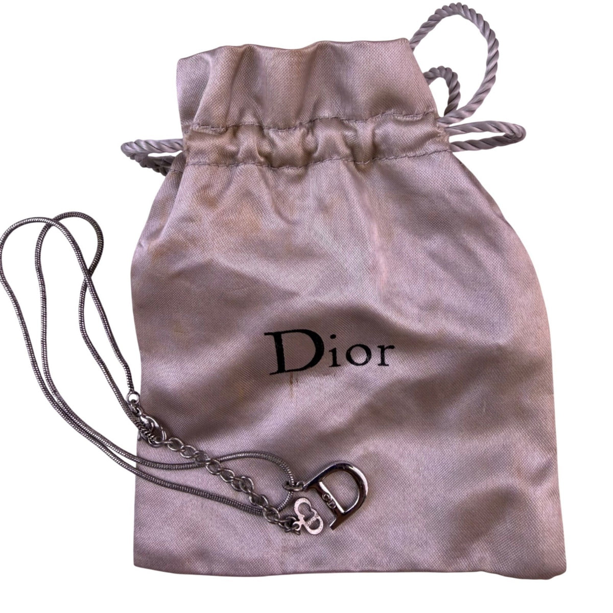 Christian Dior Womens Silver Tone Necklace D Logo Designer Charm Vintage Style
