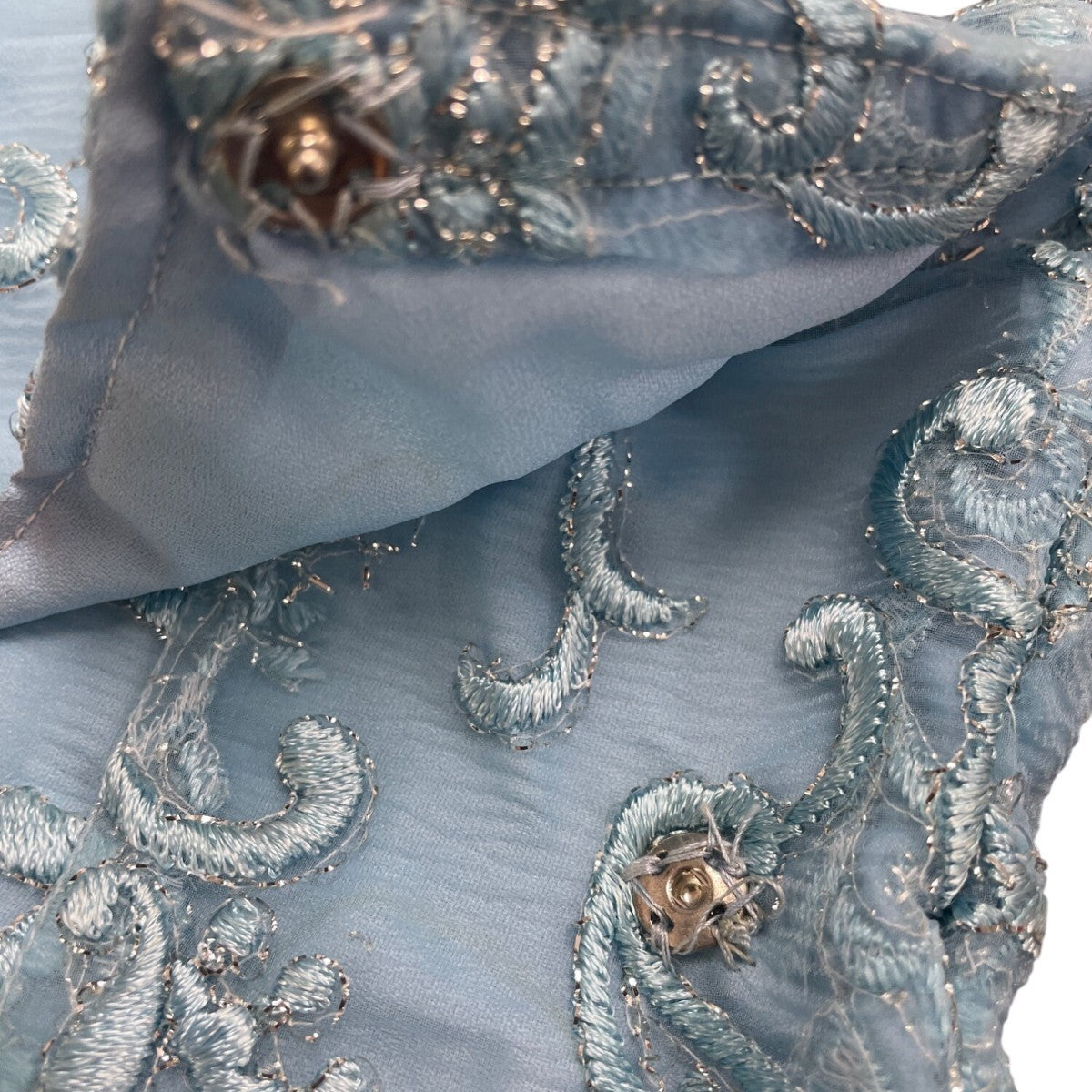 Vintage Womens Blue Embellished Sheer Long-Sleeve Gown With Beaded Overlay