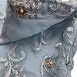 Vintage Womens Blue Embellished Sheer Long-Sleeve Gown With Beaded Overlay