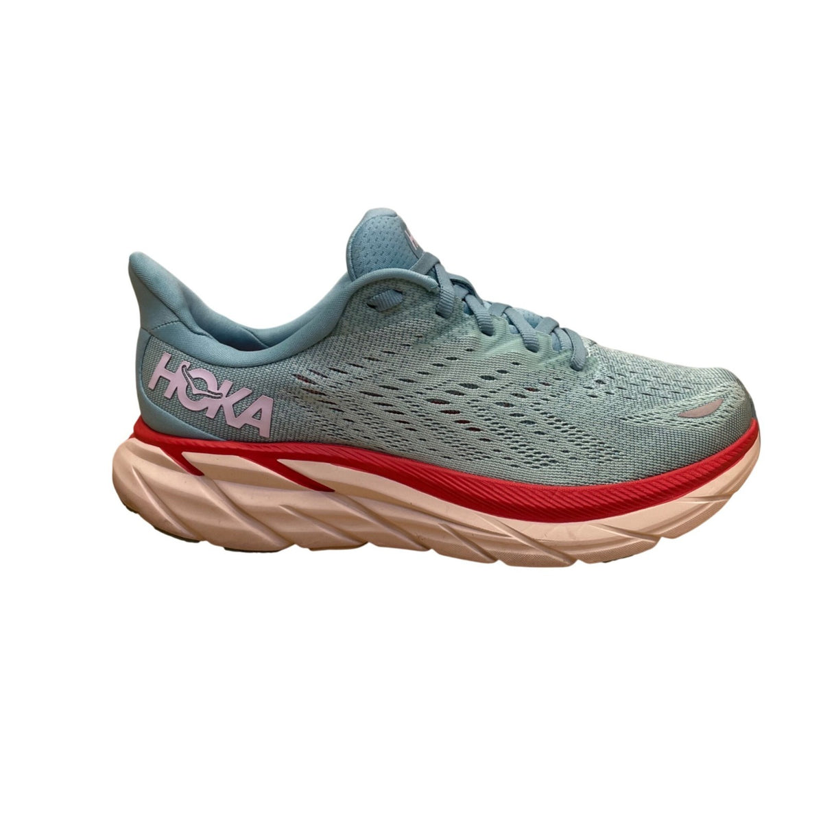 Hoka Womens Blue & Red Mesh Wide Cushion Clifton 8 Running Shoes Size 7.5D