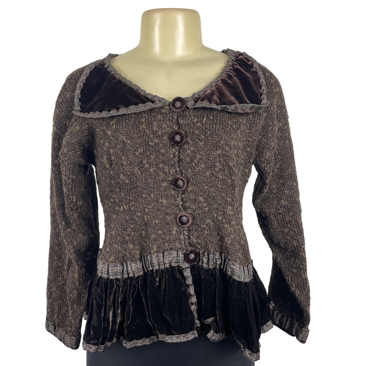 Vintage Hot Knots Button-Up Sweater Jacket With Velvet Trim & Peplum Hem