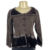 Vintage Hot Knots Button-Up Sweater Jacket With Velvet Trim & Peplum Hem