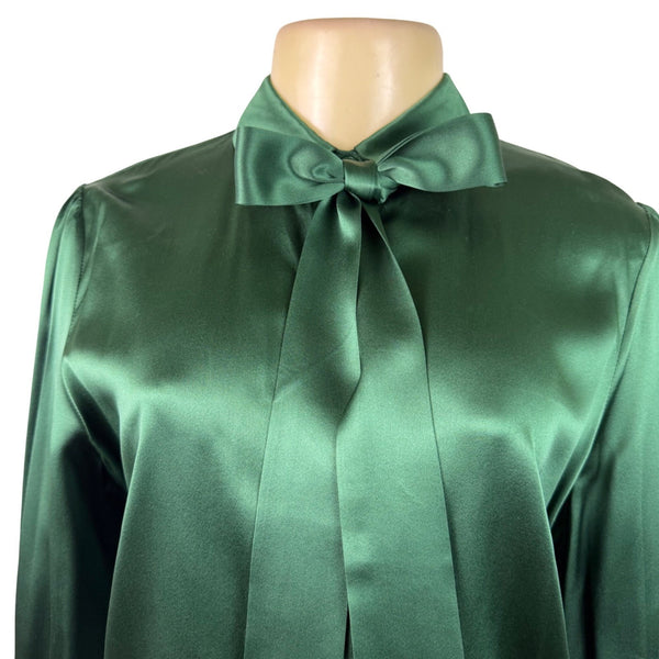 LilySilk Womens Green Mulberry Silk Bow-Tie Blouse Satin Button Cuffs Sz M