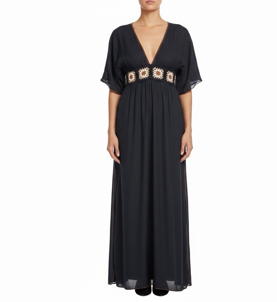 Cupshe Womens Black V-Neck Maxi Dress Daisy Embroidered Waist Short Sleeves Sz S