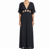 Cupshe Womens Black V-Neck Maxi Dress Daisy Embroidered Waist Short Sleeves Sz S