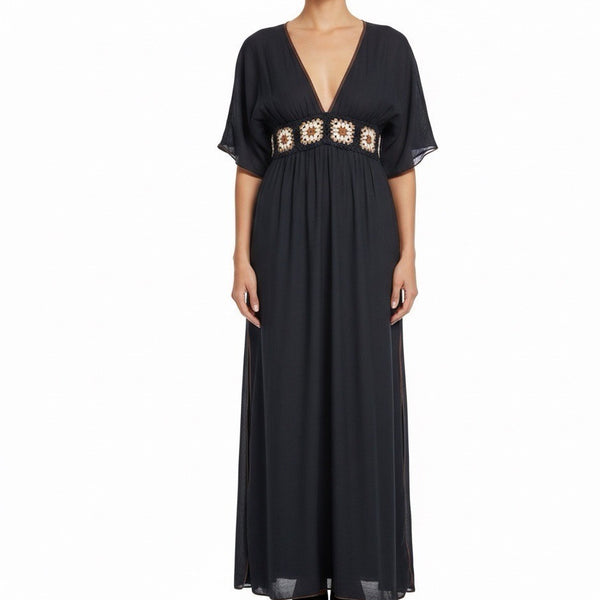 Cupshe Womens Black V-Neck Maxi Dress Daisy Embroidered Waist Short Sleeves Sz S