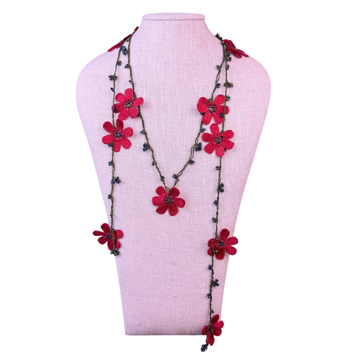 Handmade Womens Red Crochet Floral Necklace With Beads