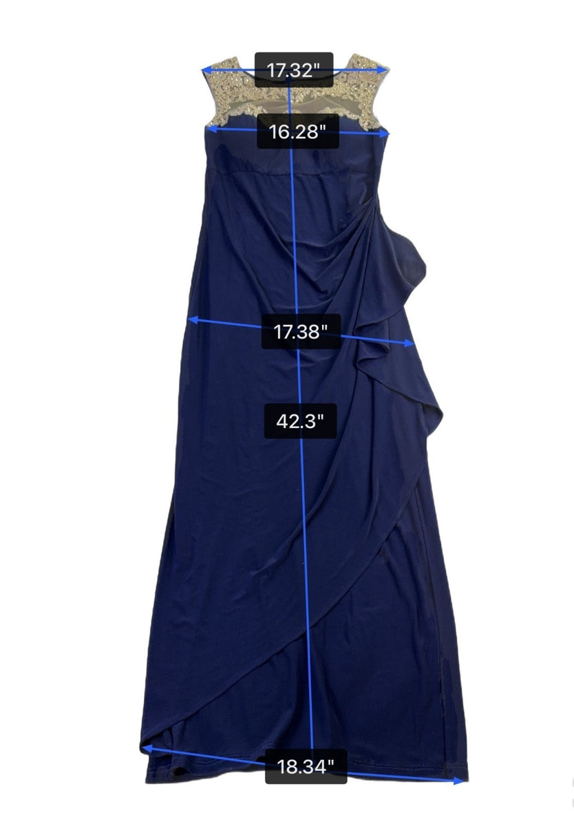 Alex Evenings Womens Navy Mesh Evening Gown With Gold Embellished Bodice Size 14