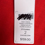 Chicos Womens Red Linen Maxi Dress Tiered Design Flutter Sleeves Size 2 (L - 12)