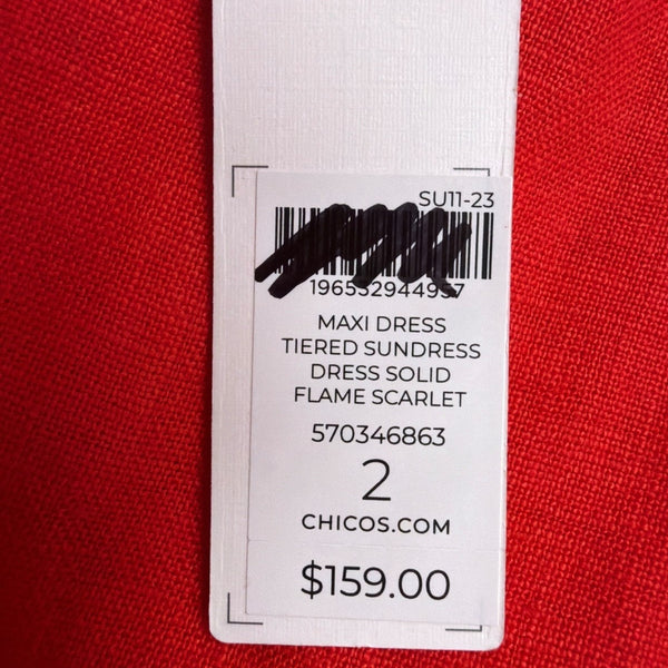Chicos Womens Red Linen Maxi Dress Tiered Design Flutter Sleeves Size 2 (L - 12)
