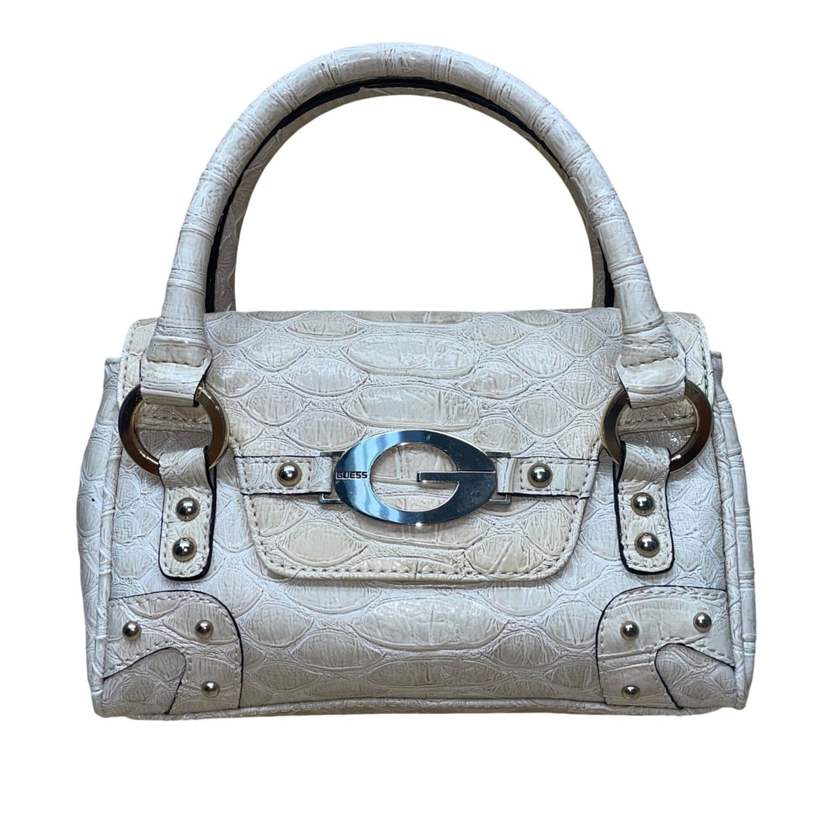 Vintage Guess Women’s Beige Faux Leather Croc Embossed G Logo Y2K Satchel Bag