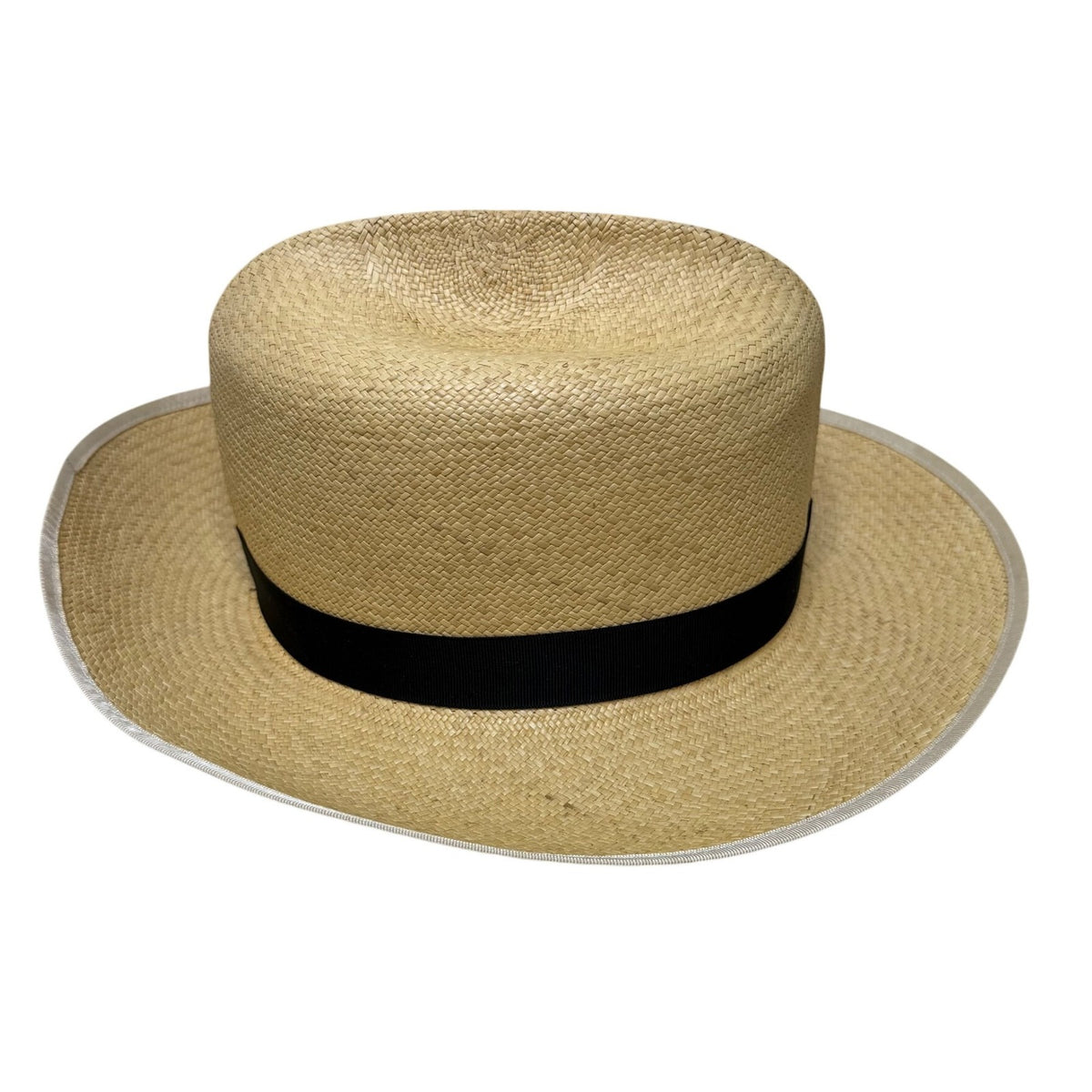 Vintage Genuine Panama Handwoven Straw Wide Brim Hat Black Ribbon Size 6 7/8 