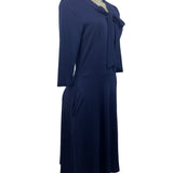 Navy Blue Womens Knit Dress With Bow Front & Pockets Soft Comfortable Medium Siz