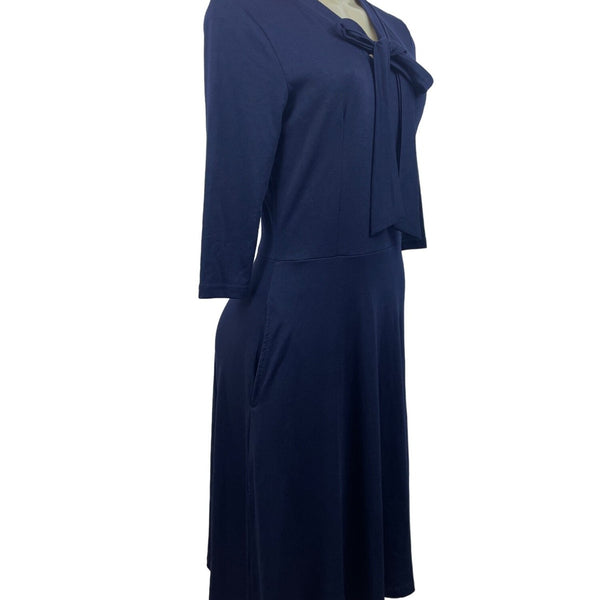 Navy Blue Womens Knit Dress With Bow Front & Pockets Soft Comfortable Medium Siz