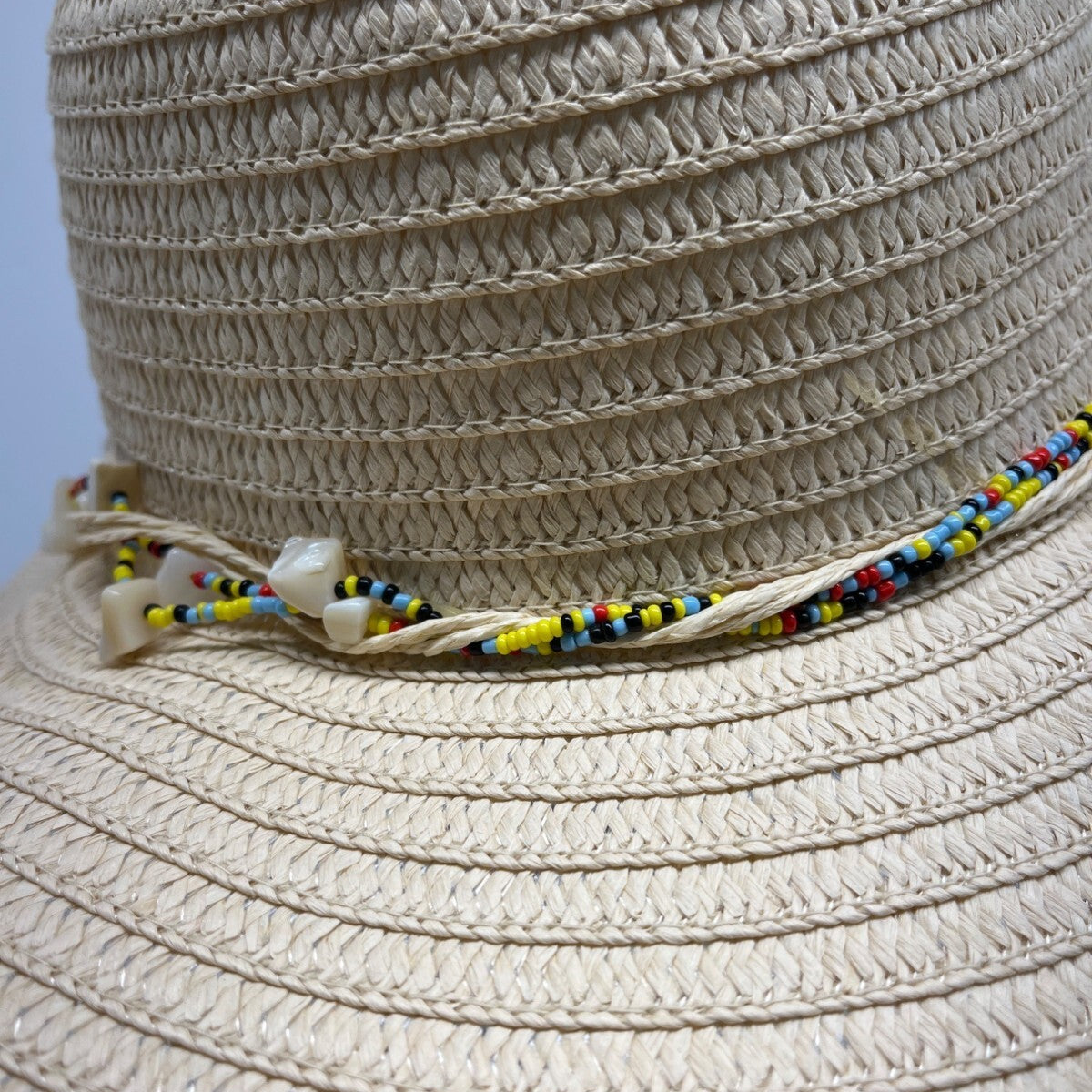 Head Wear Wide Brim Straw Sun Hat With Beaded & Shell Band For Women