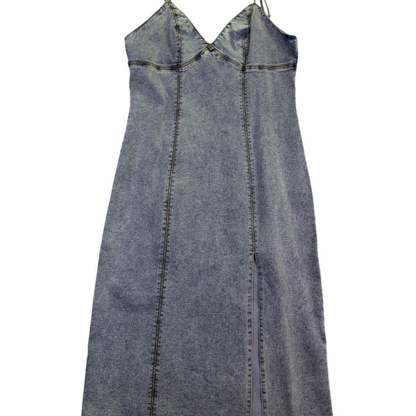 Habitual Womens Blue Cotton Denim Midi Slip Dress W/ Slit  Casual Stylish Size L