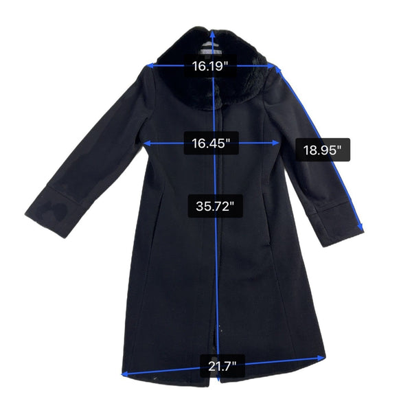 Larry Levine Womens Black Wool Blend Coat With Genuine Rex Rabbit Fur Collar 6P